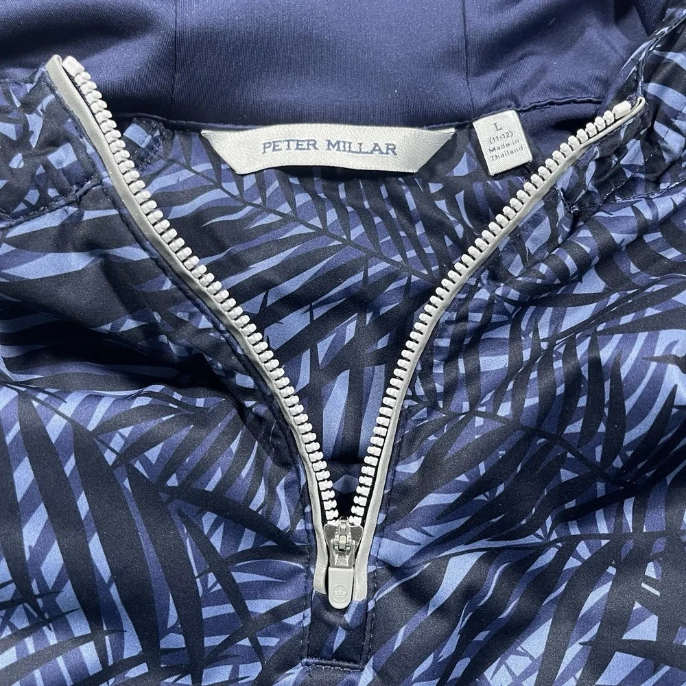 Peter Millar Kids 1/4 Zip Hooded Pullover Navy Leaf Print Large 11-12 Youth